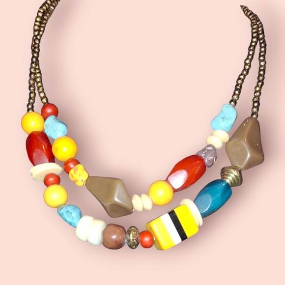 Vintage Jewelry - Chunky vintage mixed materials beaded necklace multistrand colorful